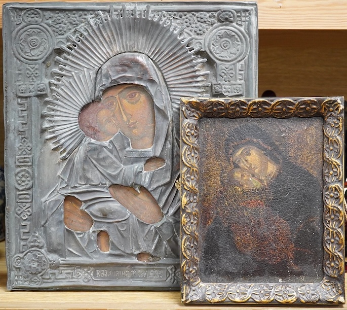 A Russian overlaid icon and a printed icon, largest 35 x 30cm